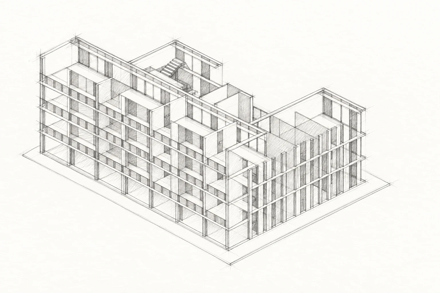 Illustrative pencil study of a stepped courtyard building