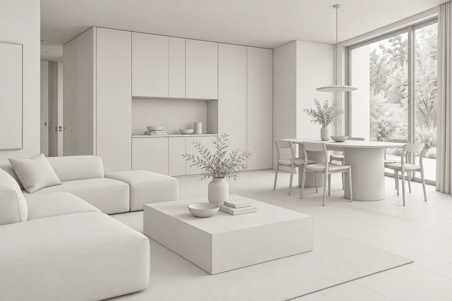 Neutral clay study of a lounge and dining interior