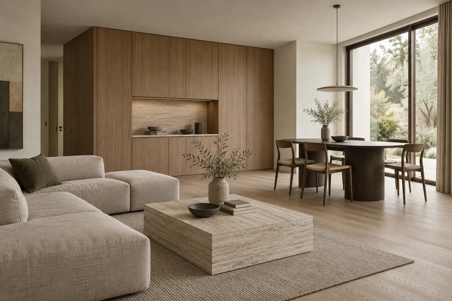 Interior material study with oak joinery, limestone tones and soft daylight