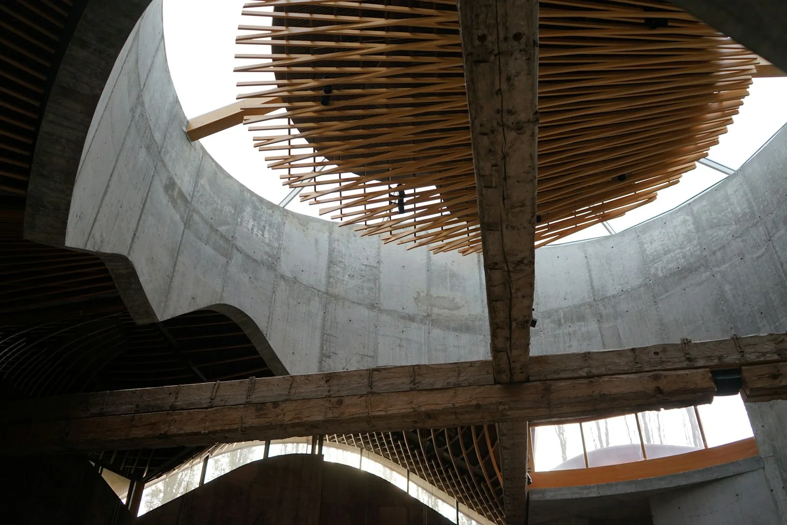 Concrete structure and layered timber details in a sunlit architectural interior
